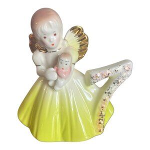 Vintage Joseph Original Ceramic Angel Figurine yellow Gold Glitter 7th Birthday